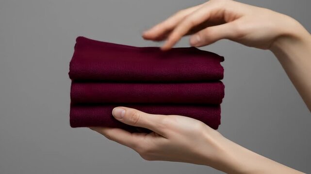 Hands holding stacked maroon fabric