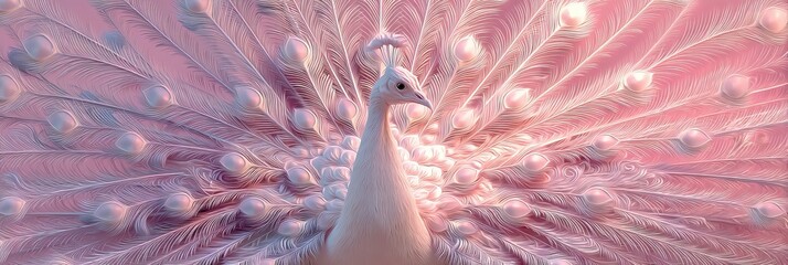 Elegant white peacock displaying its stunning plumage against a soft pink backdrop.