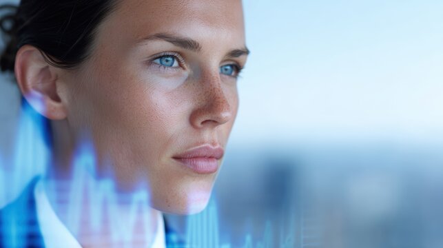 Businesswoman analyzing real-time financial data on a transparent digital screen in a high-rise office overlooking the city - Powered by Adobe