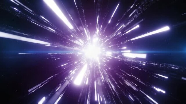 Dynamic warp speed journey through glowing cosmic tunnel, futuristic light streaks propel forward