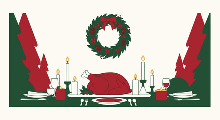 Festive Christmas Dinner Table Setting with Elegant Decorations, Wreath, Candles, Red Wine, and Traditional Holiday Elements for Celebrations and Seasonal Hospitality