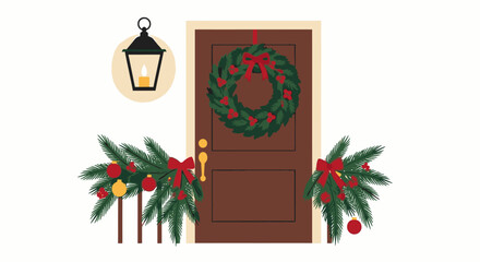 Festive Christmas Door Decor with Wreaths and Garland - Holiday Welcome Entrance with Lantern and Seasonal Decorations for Celebrations and Winter Seasons