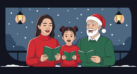 Festive Christmas Family Caroling Celebration with Multigenerational Members Singing Holiday Songs Under Snowy Night Sky with Christmas Decorations and Warm Cozy Atmosphere