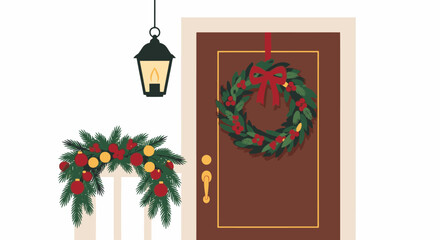 Festive Christmas Holiday Door Decoration with Wreath and Garland, Cozy Winter Entrance with Holiday Decor, Warm Seasonal Spirit for Home, Retail, and Hospitality Settings