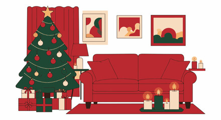 Festive Christmas Living Room Decor with Decorated Tree, Cozy Sofa, Holiday Candles, Modern Wall Art, Warm Lighting, and Gift Boxes for Holiday Celebration and Seasonal Home Decor