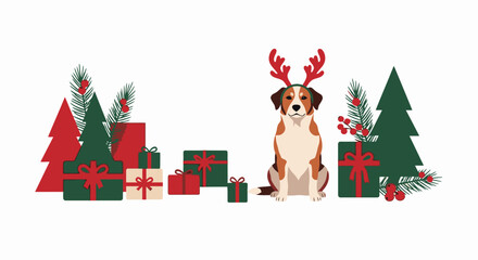 Festive Christmas Scene Featuring a Cute Dog with Reindeer Antlers Surrounded by Holiday Gifts and Decor, Perfect for Holiday Greetings, Seasonal Promotions, and Winter Celebrations