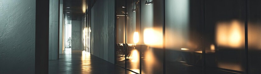 Blurred image of modern office interior concept. Modern hallway with sleek design and warm, ambient lighting.