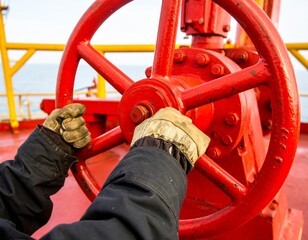 A close-up of a worker's gloved hands turning a large industrial valve on an oil rig. A concept of power and industry.