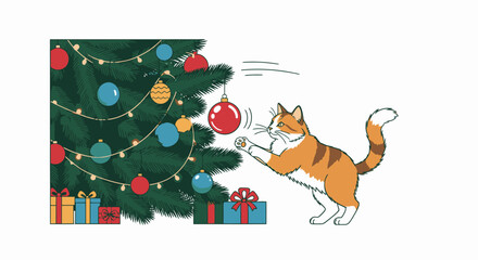 Festive Christmas Tree Decorating Scene with Cat Reaching for Bauble, Holiday Gift Boxes, and Snowflake Decorations in a Warm Indoor Setting, Perfect for Holiday Season Marketing and Seasonal