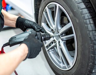 A close-up of a mechanic's hands using an impact wrench to tighten lug nuts on a car wheel. A concept of automotive service