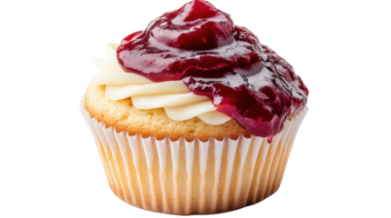 Half of vanilla cupcake with red jam isolated on a white background