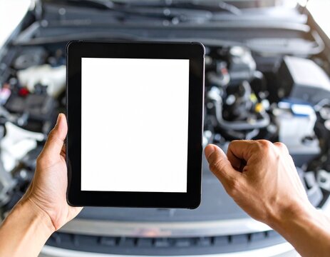 A mechanic holding a diagnostic tablet in front of a car engine. A concept for modern automotive technology