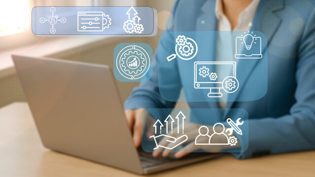 Illustration of a business model of a female entrepreneur with an organizational structure that uses modern technology. - Powered by Adobe