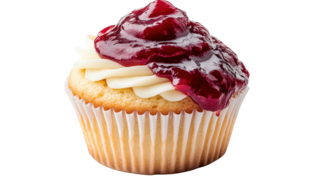 Half of vanilla cupcake with red jam isolated on a white background