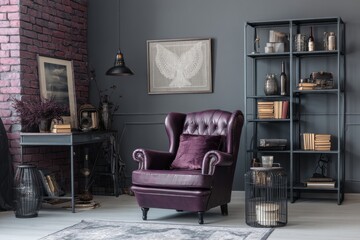 A stylish, moody living room boasts a deep purple leather armchair, complemented by dark gray metal shelving and antique-inspired decor.