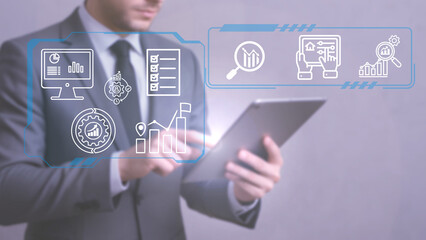 Business illustration of businessman bringing modern technology to corporate restructuring