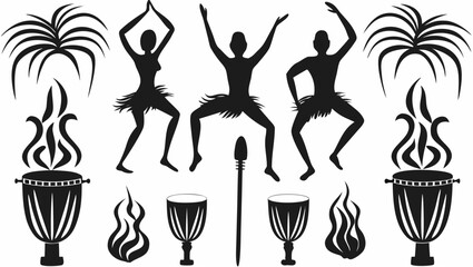 African tribal dancers celebrating with drums and palm trees, a vibrant cultural performance