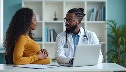 Black pregnant woman consults with male doctor about prenatal care in clinic. Smiling mother-to-be talks with physician, obstetrician discusses health, maternity support during appointment, using
