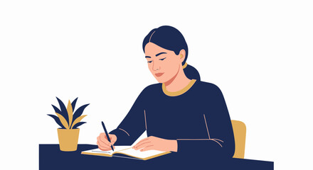 Modern Female Business Professional in Casual Attire Working at Desk with Notebook and Pen in Bright Home Office Setting, Focused on Planning and Creativity for Business Success