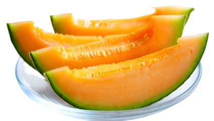 Freshly sliced cantaloupe melon pieces in a bowl isolated on transparent background