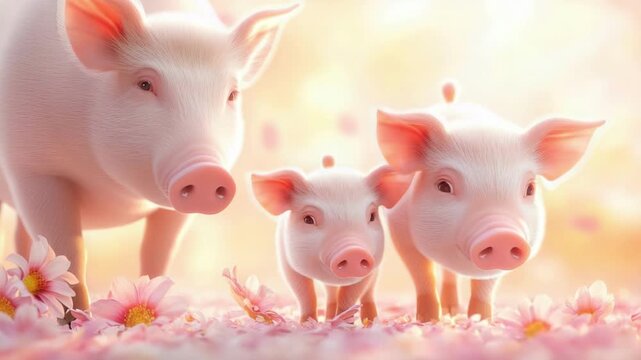 Adorable pig family with two piglets surrounded by pink flowers in a sunlit meadow. Mother's Day, Mothering Sunday, Dia de la Madre - Global Maternal Celebration, Worldwide Family Holiday