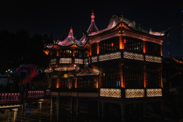 Huxinting Tea House in the night, Yuyuan Garden, Shanghai.