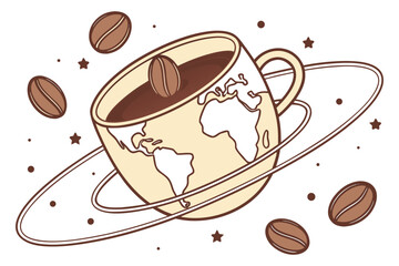A coffee cup orbiting the Earth, a whimsical illustration.