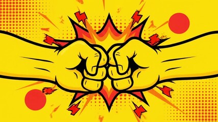 cartoon fist bump exploding comic style yellow background - Powered by Adobe