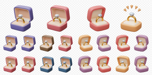 Collection of cartoon engagement rings with diamonds in colorful velvet boxes, one ring glowing.