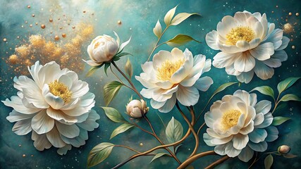 Lush white peonies with yellow centers and green leaves on a vibrant teal watercolor background