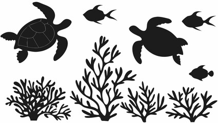 Elegant silhouettes of sea turtles, fish, and coral reefs create a modern ocean vibe design