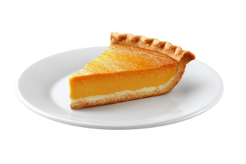 Slice of orange pumpkin pie with flaky crust on white plate isolated on a transparent background dessert