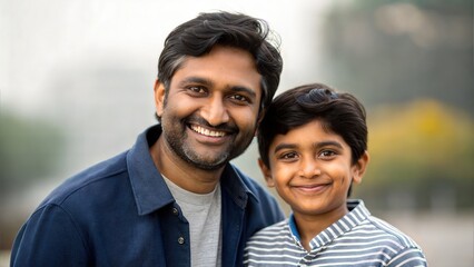 Fototapeta premium Smiling Indian dad with son by his side — celebrating parenthood and togetherness
