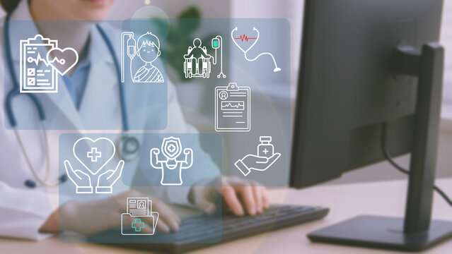 Illustration of modern public health innovation with technology and health promotion and health care system, universal health coverage