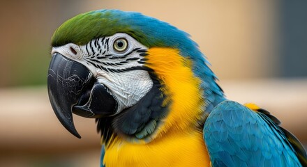 Obraz premium Detailed close-up portrait of a stunning Blue-and-yellow Macaw, showcasing its vibrant tropical plumage and intelligent gaze