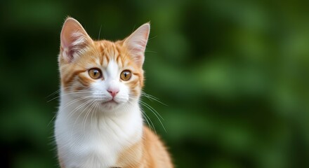 An adorable young ginger and white cat with amber eyes looks attentively to the side against a blurred green background.