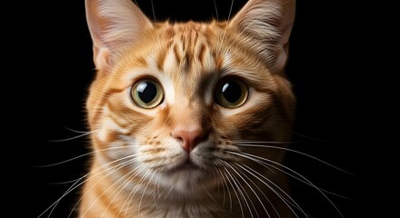 A close-up portrait of an orange tabby cat with wide eyes looking intently at the camera against a black background.