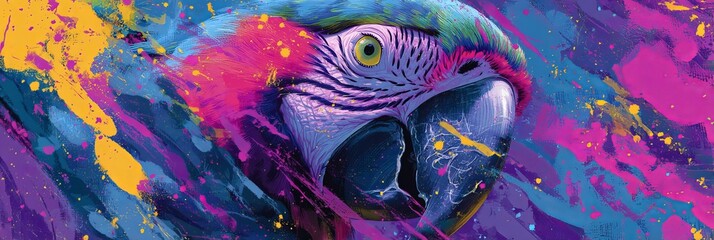Vibrant parrot illustration with colorful splashes and bold brush strokes.