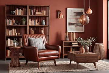 A warm, inviting living room featuring rich mahogany furniture, a deep terracotta wall, and elegant lighting, creating a cozy and stylish atmosphere.