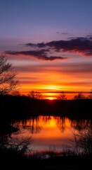 Obraz premium Vibrant sunrise reflects on tranquil lake, silhouetted trees frame the breathtaking scene.