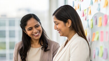 Fototapeta premium Two cheerful Indian businesswomen brainstorming — collaborating with adhesive notes on office wall