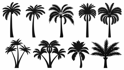Diverse palm tree silhouettes create a tropical vibe, perfect for summer designs and vacation promotions