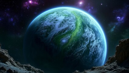 Obraz premium A breathtaking view of a vibrant, green exoplanet with swirling clouds, set against a backdrop of distant galaxies and rocky terrain, evoking a sense of wonder