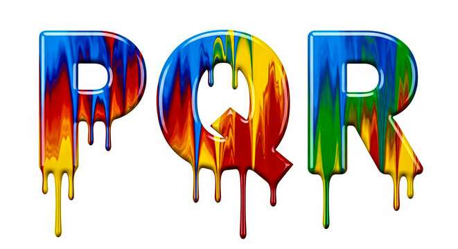 Bold letters p, q, and r are adorned with dripping, colorful paint in shades of red, blue, yellow, and green, isolated on a white background