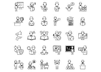 Education and Teaching Icons, Teacher Actions and Concepts, Classroom Professionals Vector Sets