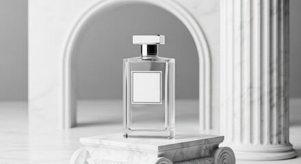 Fototapeta premium Minimalist Perfume Bottle Mockup: An elegant, unlabeled white perfume bottle showcased in a modern white archway, perfect for luxury fragrance branding and product display.