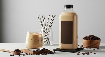 Iced Coffee Bottle Mockup: A bottle of cold brew or iced latte with a blank label and a sprig of leaves, a modern and popular caffeinated beverage for summer.