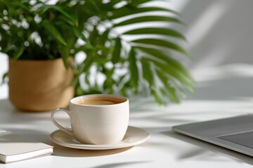 Minimalist home office setup with laptop, notebook, plants, and a cup of coffee on a clean white desk bathed in natural light