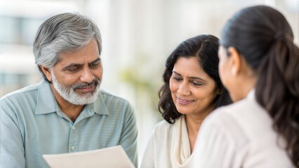 Fototapeta premium Indian husband and wife with financial planner — exploring investment strategies for family goals