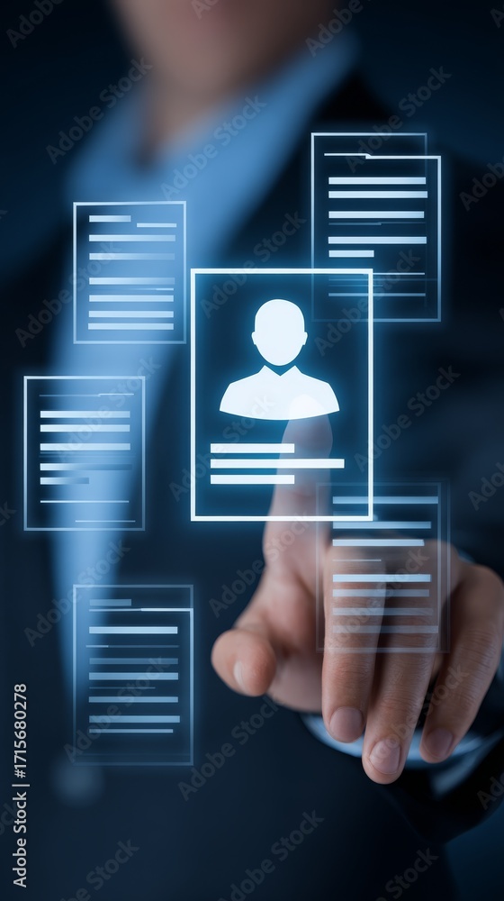 Poster interactive digital display, person engaging with touchscreen interface and user icon.